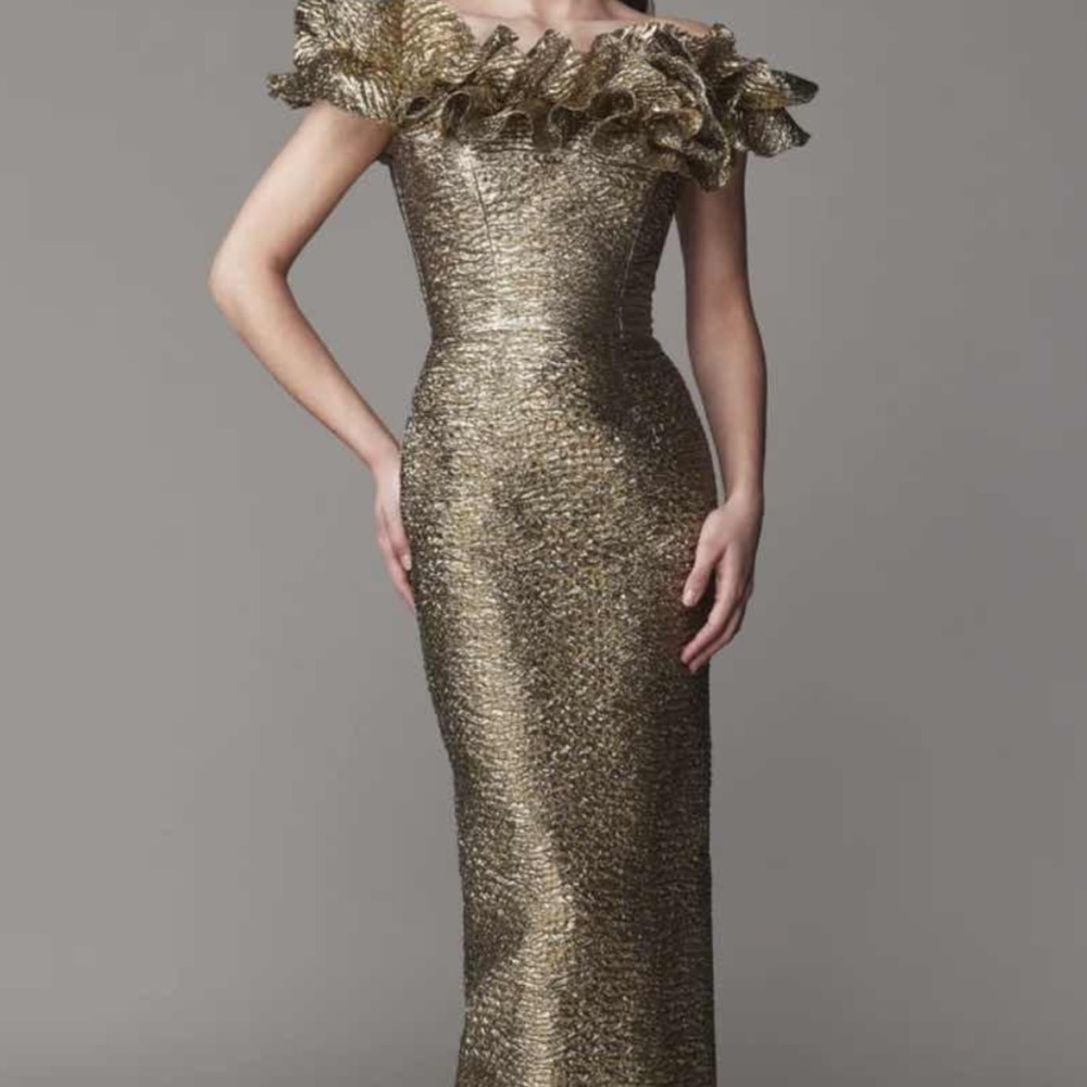 Luxurious Gold Ruffled Off-Shoulder Gown Viral Mother of the bride dress - Picture 2 of 13
